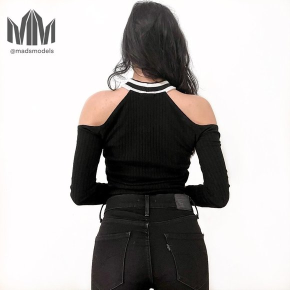 Revolve LNA l Black White Stripe Ribbed Long Sleeve Top with Shoulder Cutouts - Picture 3 of 6